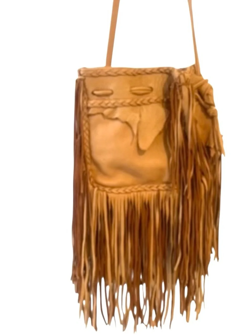 Tan Leather Deerskin Boho Crossbody Bag W Long Fringe Silver Tone Concha 9.5Wx5D